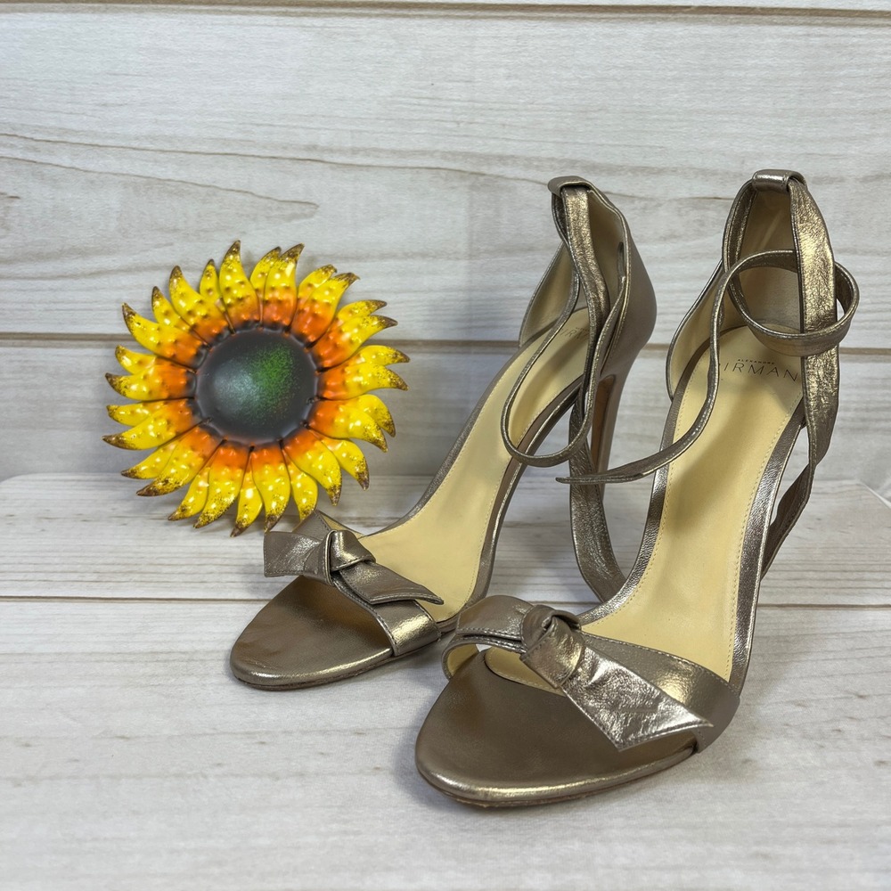 Alexandre Birman Clarita Metallic Bronze Leather Ankle Tie Bow Heels 38.5